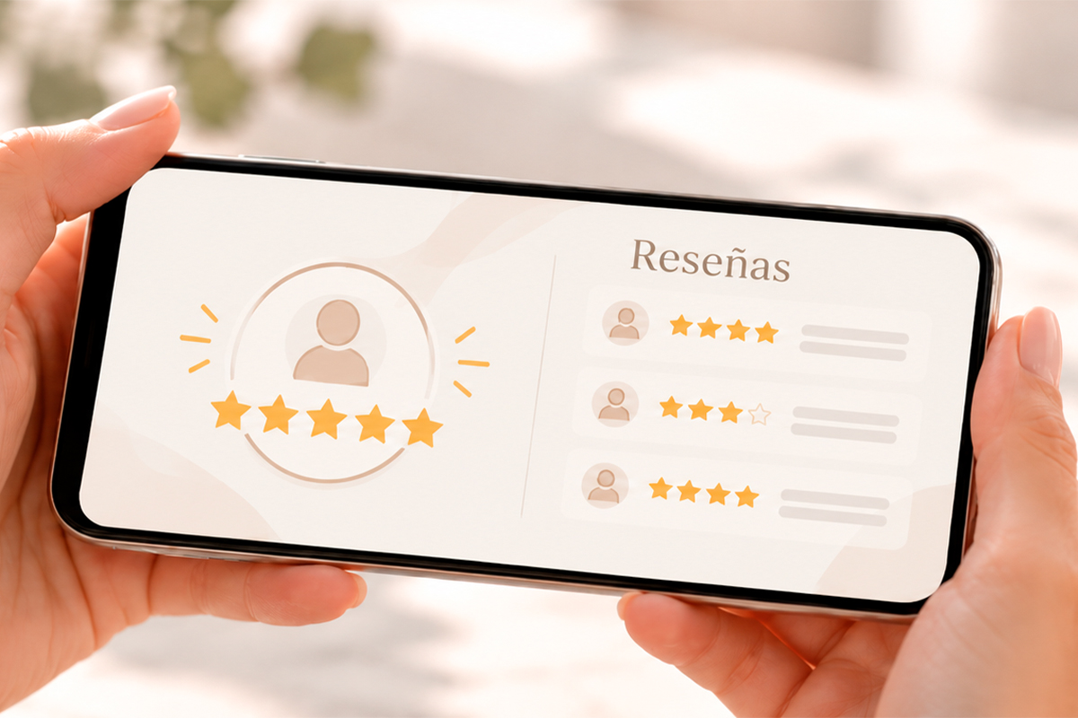 Opiniones de pacientes de una clínica estética mostradas en el móvil con valoraciones de estrellas