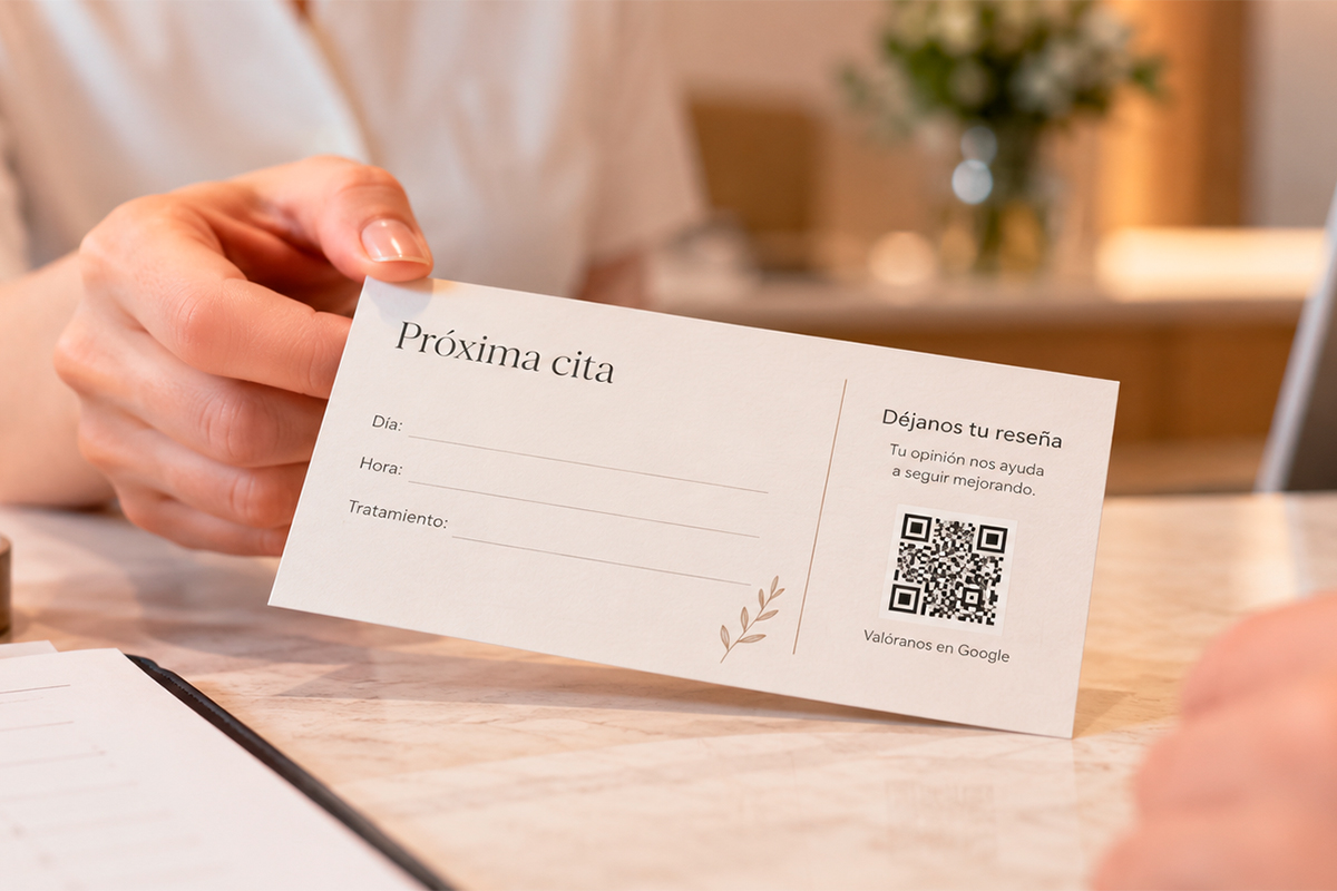 Conseguir reseñas en Google con código QR en la tarjeta de cita de una clínica estética
