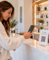 Reseñas Google en una clínica estética: paciente escaneando con el móvil el código QR de reseñas en recepción