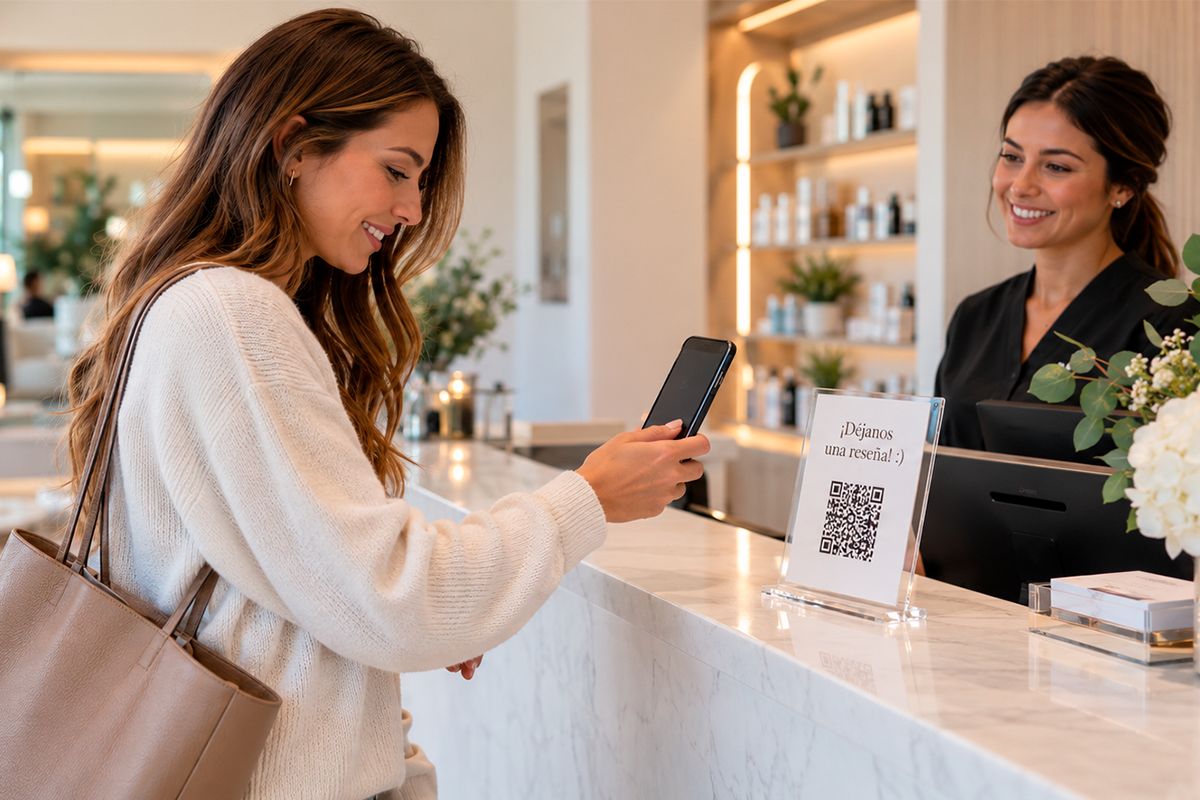 Reseñas Google en una clínica estética: paciente escaneando con el móvil el código QR de reseñas en recepción